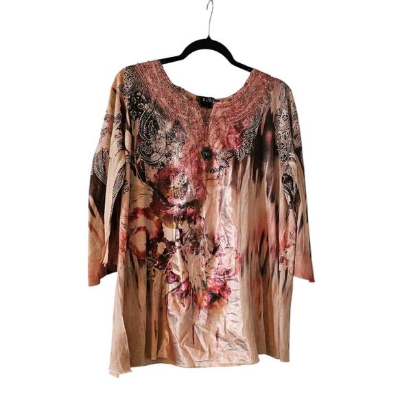 B.L.E.U WOMAN 2X Pink Floral Blouse 3/4 Flair Sleeves Embroidered Lace Beaded - Picture 1 of 11